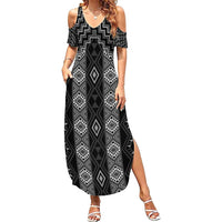 New Zealand Aotearoa Family Matching Summer Maxi Dress and Hawaiian Shirt Black Poutama With Taniko Pattern LT05 Mom's Dress Black - Polynesian Pride