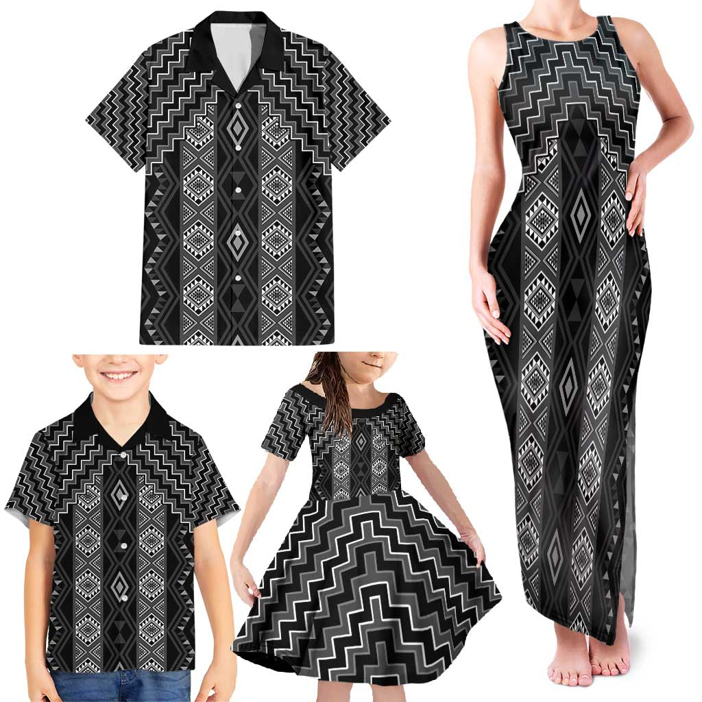 New Zealand Aotearoa Family Matching Tank Maxi Dress and Hawaiian Shirt Black Poutama With Taniko Pattern LT05 - Polynesian Pride