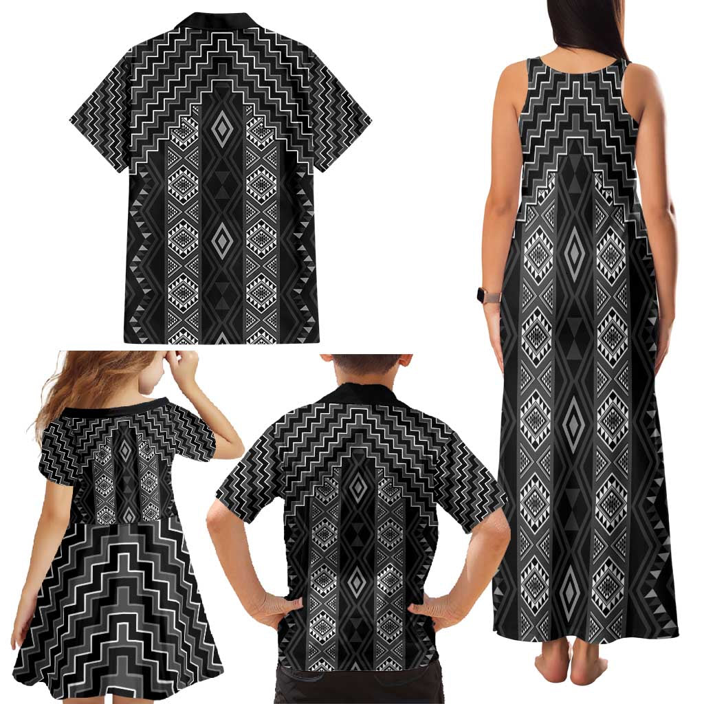 New Zealand Aotearoa Family Matching Tank Maxi Dress and Hawaiian Shirt Black Poutama With Taniko Pattern LT05 - Polynesian Pride