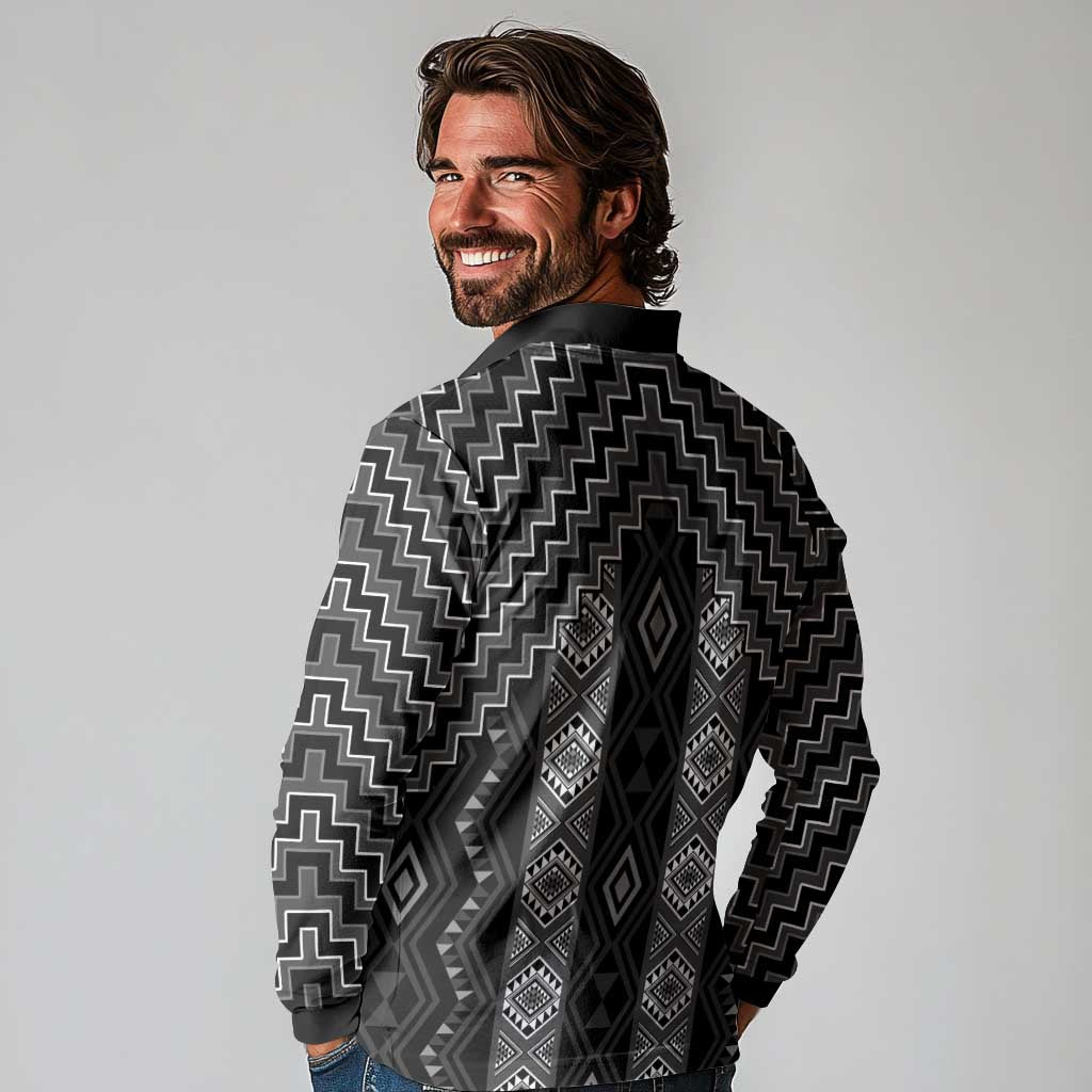 New Zealand Aotearoa Long Sleeve Polo Shirt Black Poutama With Taniko Pattern LT05