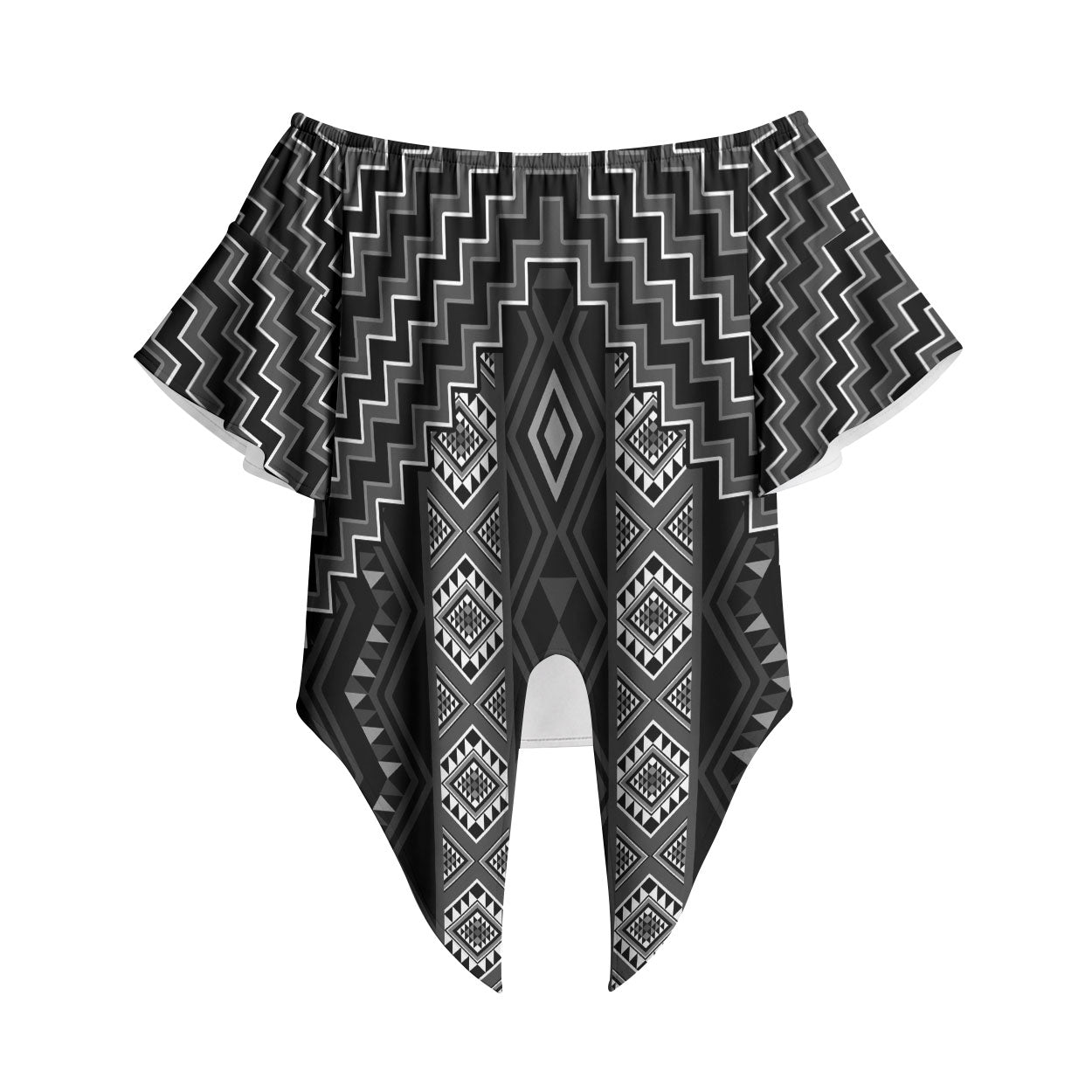 New Zealand Aotearoa Off Shoulder Wrap Waist Top Black Poutama With Taniko Pattern LT05 Black - Polynesian Pride