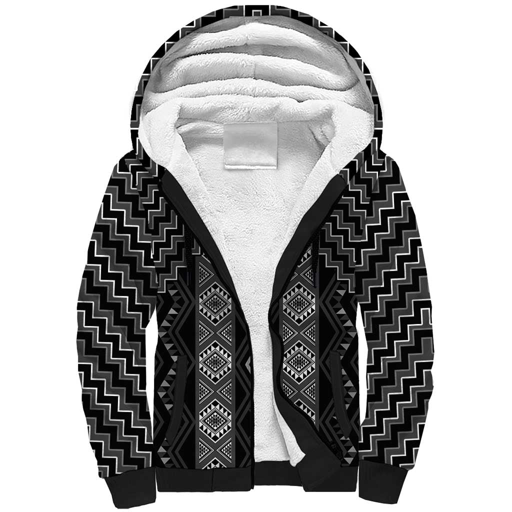 New Zealand Aotearoa Sherpa Hoodie Black Poutama With Taniko Pattern LT05
