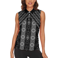 New Zealand Aotearoa Women Sleeveless Polo Shirt Black Poutama With Taniko Pattern LT05 - Polynesian Pride