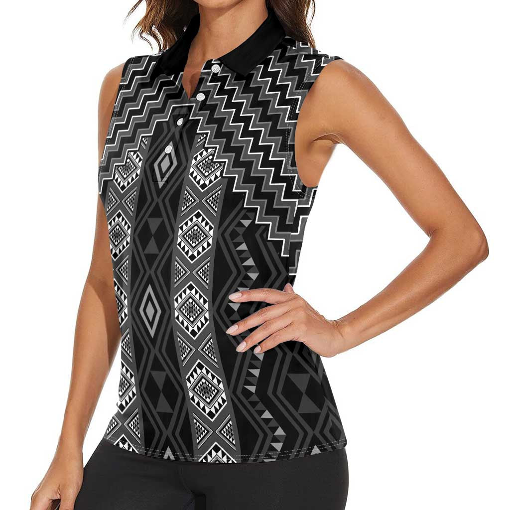 New Zealand Aotearoa Women Sleeveless Polo Shirt Black Poutama With Taniko Pattern LT05 - Polynesian Pride