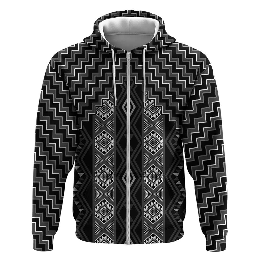 New Zealand Aotearoa Zip Hoodie Black Poutama With Taniko Pattern LT05 Zip Hoodie Black - Polynesian Pride