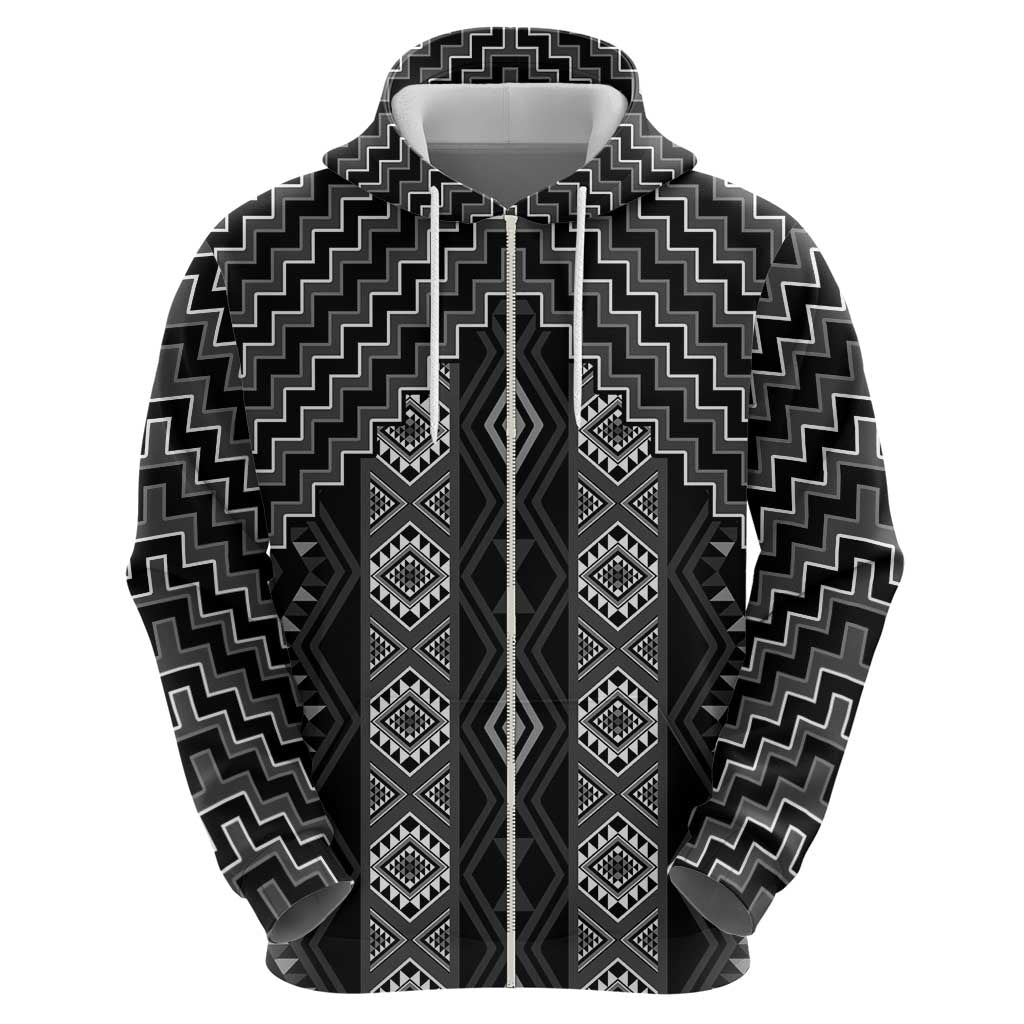New Zealand Aotearoa Zip Hoodie Black Poutama With Taniko Pattern LT05 - Polynesian Pride