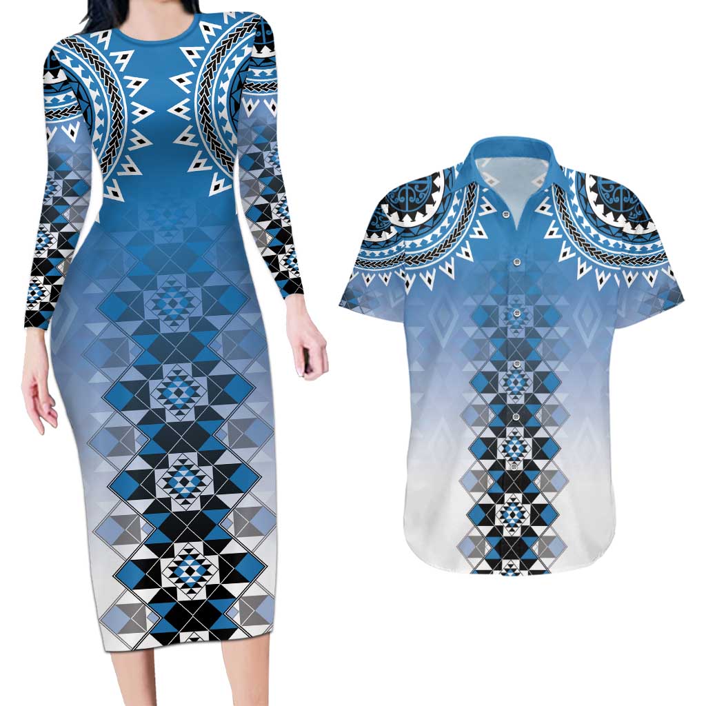 New Zealand Couples Matching Long Sleeve Bodycon Dress and Hawaiian Shirt Poutama Mix Blue Taniko Inspired Art LT05 Blue - Polynesian Pride