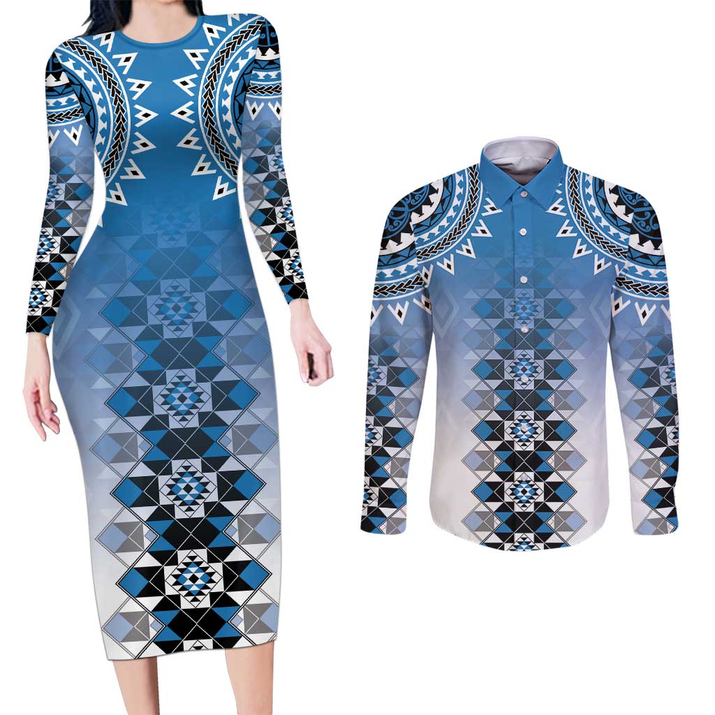 New Zealand Couples Matching Long Sleeve Bodycon Dress and Long Sleeve Button Shirt Poutama Mix Blue Taniko Inspired Art LT05 Blue - Polynesian Pride