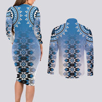 New Zealand Couples Matching Long Sleeve Bodycon Dress and Long Sleeve Button Shirt Poutama Mix Blue Taniko Inspired Art LT05 - Polynesian Pride