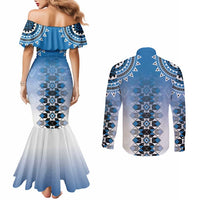 New Zealand Couples Matching Mermaid Dress and Long Sleeve Button Shirt Poutama Mix Blue Taniko Inspired Art LT05 - Polynesian Pride