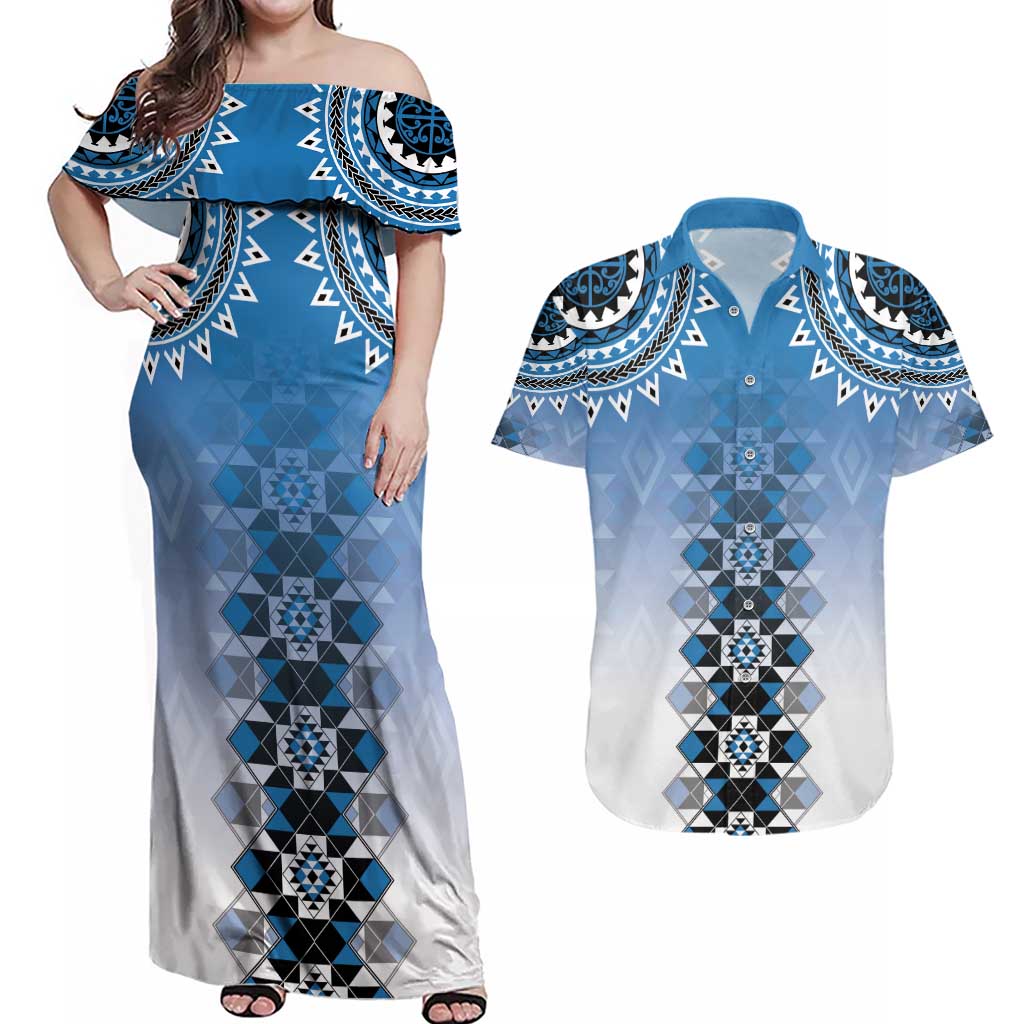 New Zealand Couples Matching Off Shoulder Maxi Dress and Hawaiian Shirt Poutama Mix Blue Taniko Inspired Art LT05 Blue - Polynesian Pride
