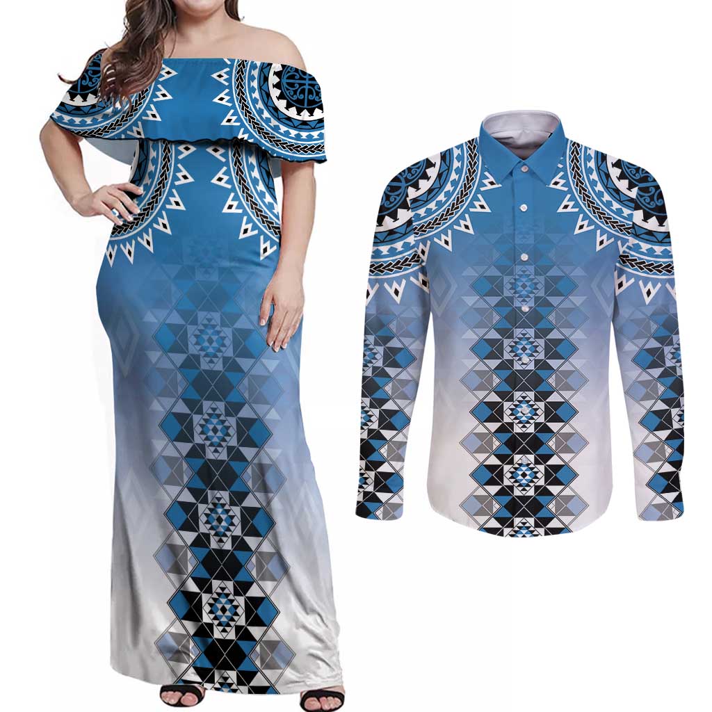 New Zealand Couples Matching Off Shoulder Maxi Dress and Long Sleeve Button Shirt Poutama Mix Blue Taniko Inspired Art LT05 Blue - Polynesian Pride
