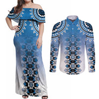 New Zealand Couples Matching Off Shoulder Maxi Dress and Long Sleeve Button Shirt Poutama Mix Blue Taniko Inspired Art LT05 Blue - Polynesian Pride
