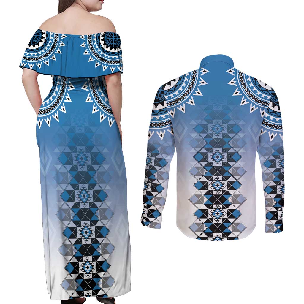 New Zealand Couples Matching Off Shoulder Maxi Dress and Long Sleeve Button Shirt Poutama Mix Blue Taniko Inspired Art LT05 - Polynesian Pride