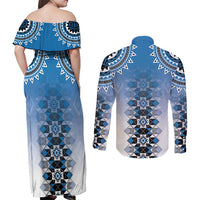 New Zealand Couples Matching Off Shoulder Maxi Dress and Long Sleeve Button Shirt Poutama Mix Blue Taniko Inspired Art LT05 - Polynesian Pride