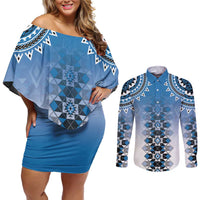 New Zealand Couples Matching Off Shoulder Short Dress and Long Sleeve Button Shirt Poutama Mix Blue Taniko Inspired Art LT05 Blue - Polynesian Pride