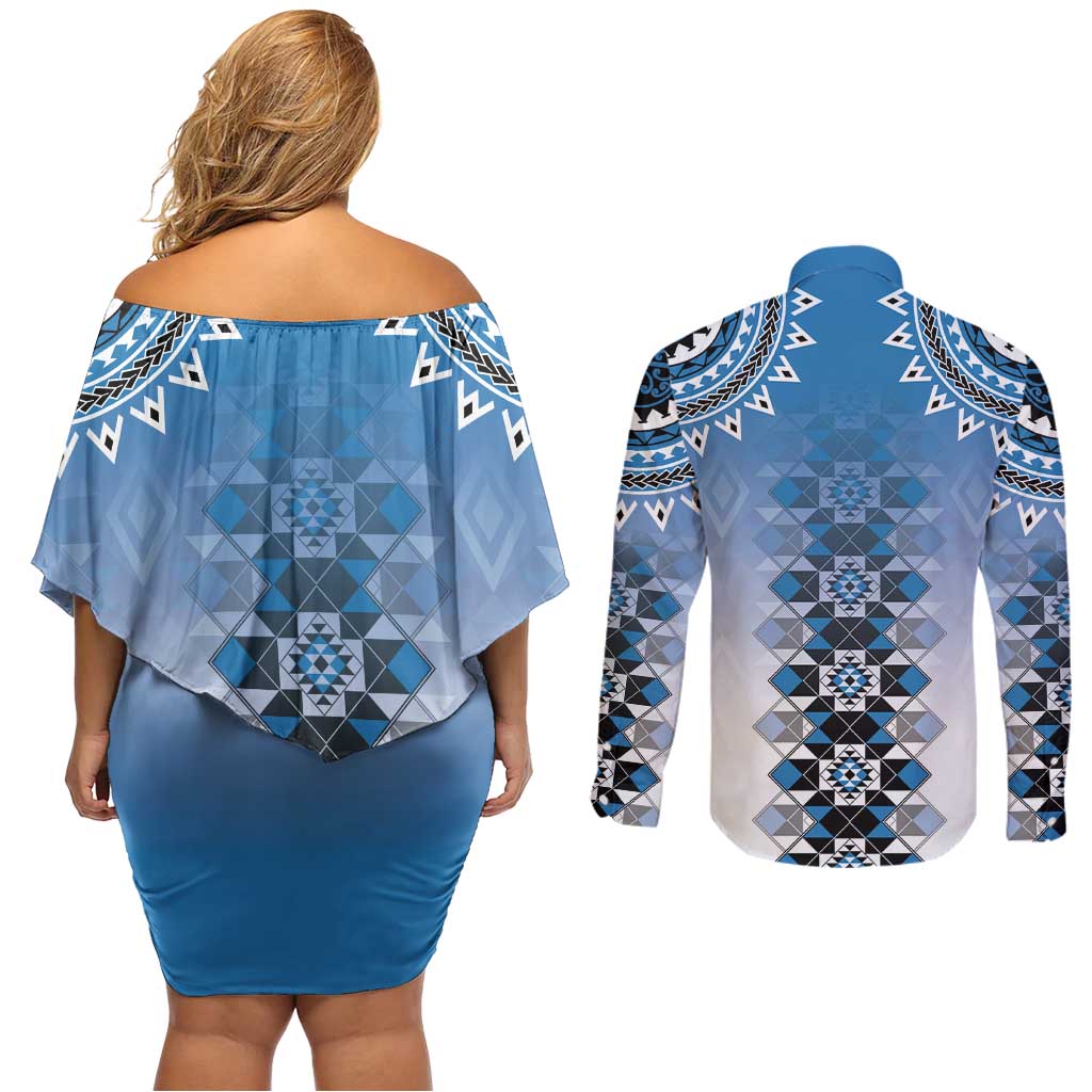 New Zealand Couples Matching Off Shoulder Short Dress and Long Sleeve Button Shirt Poutama Mix Blue Taniko Inspired Art LT05 - Polynesian Pride