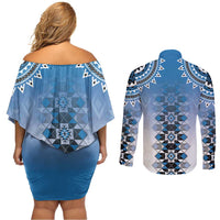 New Zealand Couples Matching Off Shoulder Short Dress and Long Sleeve Button Shirt Poutama Mix Blue Taniko Inspired Art LT05 - Polynesian Pride