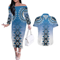 New Zealand Couples Matching Off The Shoulder Long Sleeve Dress and Hawaiian Shirt Poutama Mix Blue Taniko Inspired Art LT05 Blue - Polynesian Pride