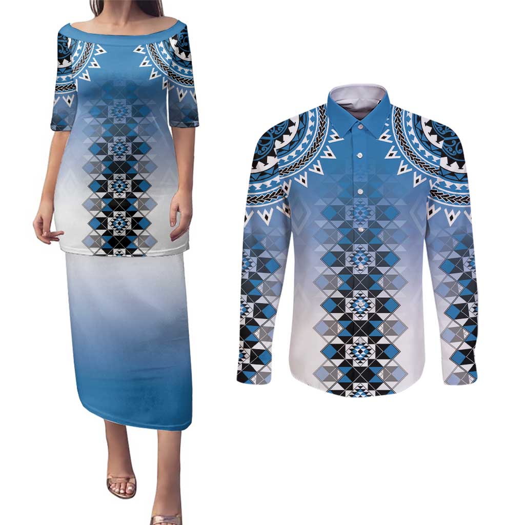New Zealand Couples Matching Puletasi and Long Sleeve Button Shirt Poutama Mix Blue Taniko Inspired Art LT05 Blue - Polynesian Pride