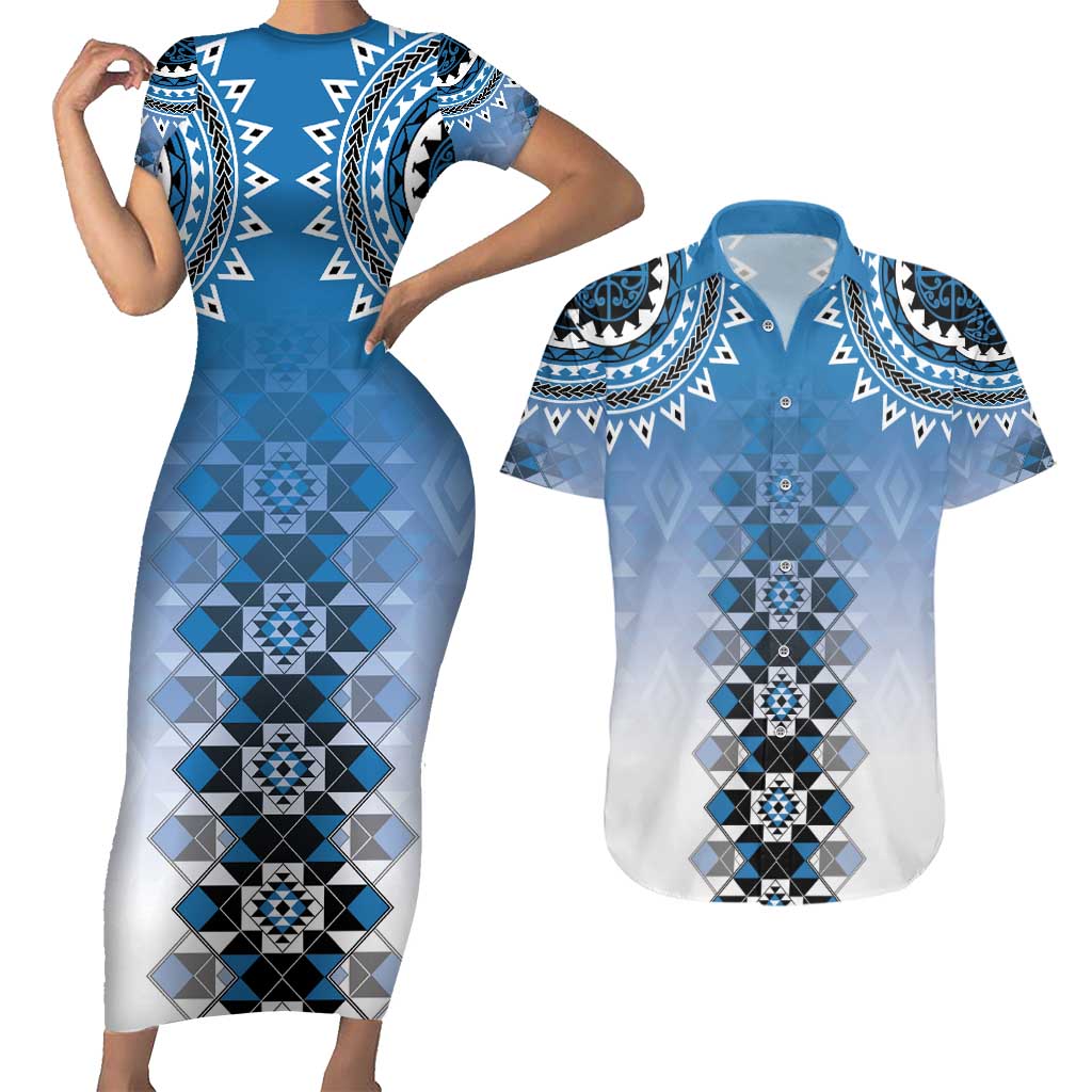 New Zealand Couples Matching Short Sleeve Bodycon Dress and Hawaiian Shirt Poutama Mix Blue Taniko Inspired Art LT05 Blue - Polynesian Pride