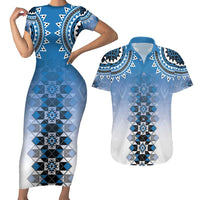 New Zealand Couples Matching Short Sleeve Bodycon Dress and Hawaiian Shirt Poutama Mix Blue Taniko Inspired Art LT05 Blue - Polynesian Pride