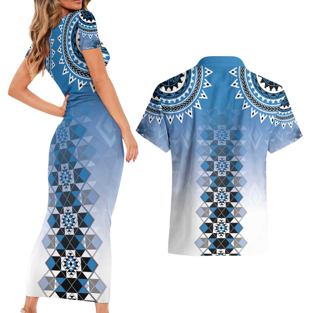 New Zealand Couples Matching Short Sleeve Bodycon Dress and Hawaiian Shirt Poutama Mix Blue Taniko Inspired Art LT05 - Polynesian Pride
