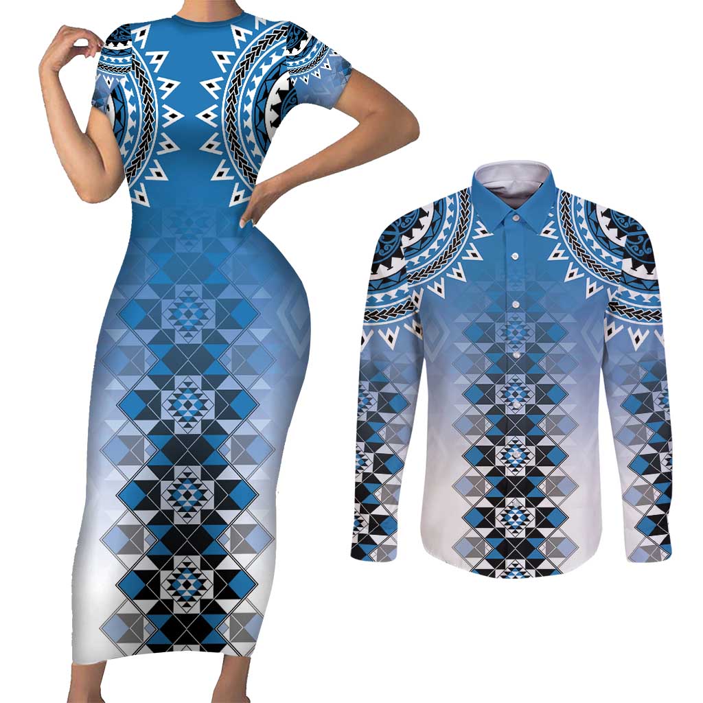 New Zealand Couples Matching Short Sleeve Bodycon Dress and Long Sleeve Button Shirt Poutama Mix Blue Taniko Inspired Art LT05 Blue - Polynesian Pride