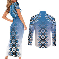 New Zealand Couples Matching Short Sleeve Bodycon Dress and Long Sleeve Button Shirt Poutama Mix Blue Taniko Inspired Art LT05 - Polynesian Pride