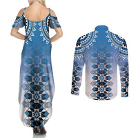 New Zealand Couples Matching Summer Maxi Dress and Long Sleeve Button Shirt Poutama Mix Blue Taniko Inspired Art LT05 - Polynesian Pride