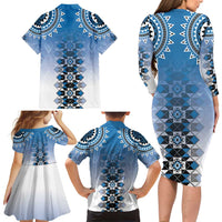 New Zealand Family Matching Long Sleeve Bodycon Dress and Hawaiian Shirt Poutama Mix Blue Taniko Inspired Art LT05 - Polynesian Pride