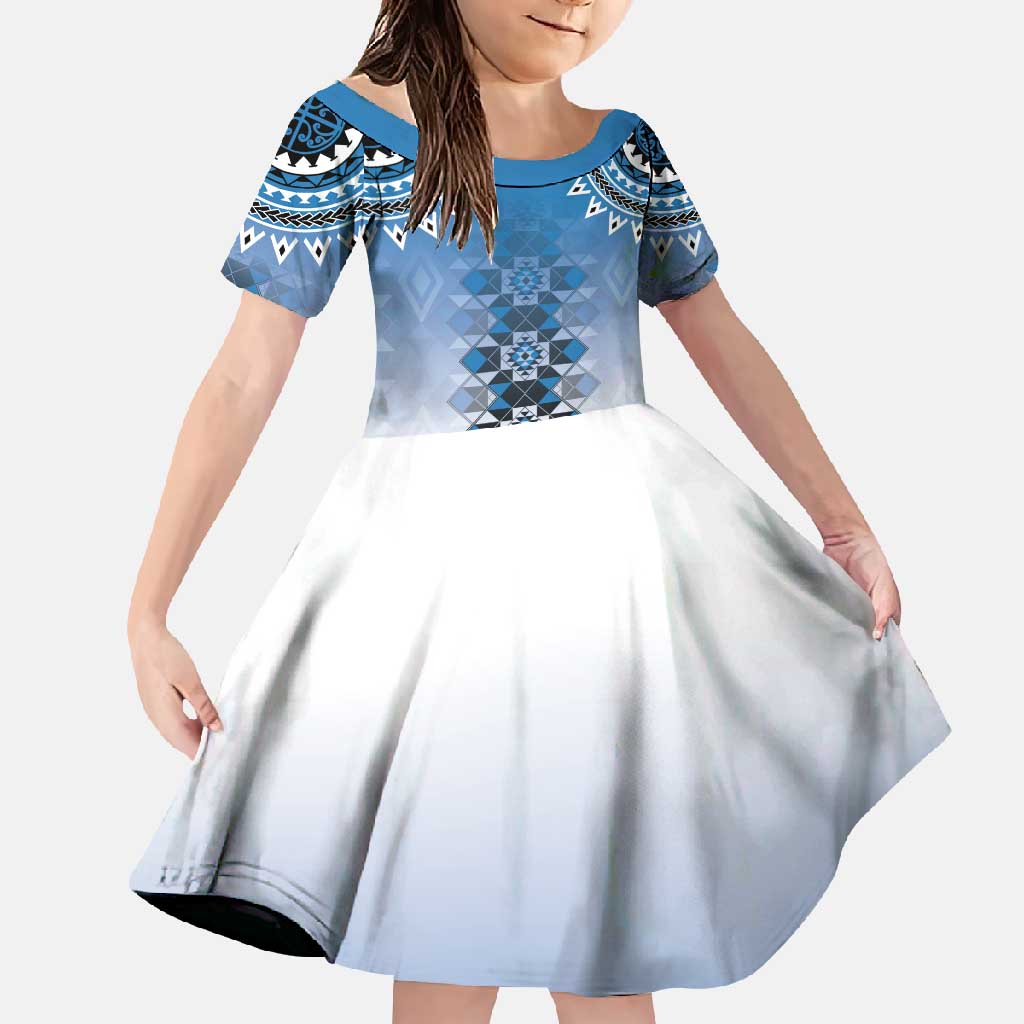 New Zealand Family Matching Mermaid Dress and Hawaiian Shirt Poutama Mix Blue Taniko Inspired Art LT05 Daughter's Dress Blue - Polynesian Pride