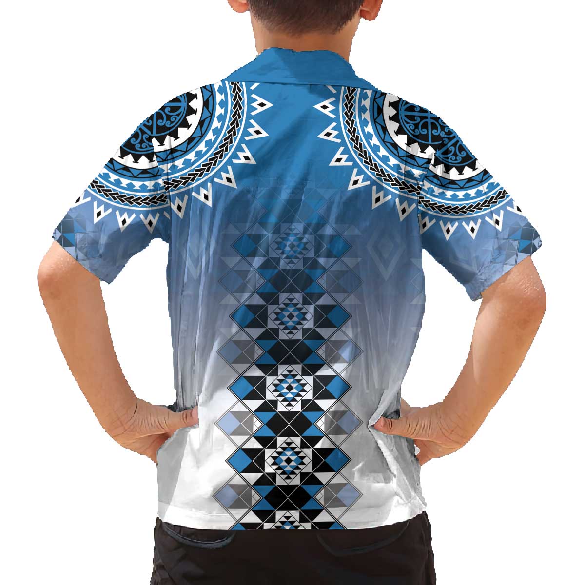 New Zealand Family Matching Off The Shoulder Long Sleeve Dress and Hawaiian Shirt Poutama Mix Blue Taniko Inspired Art LT05 - Polynesian Pride