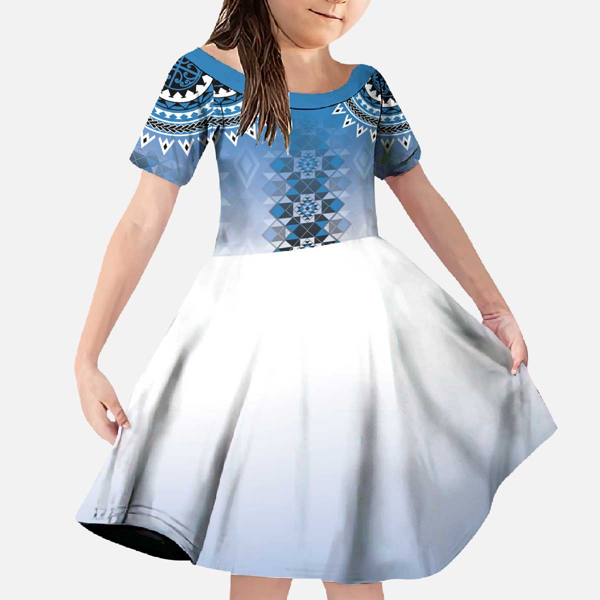 New Zealand Family Matching Off The Shoulder Long Sleeve Dress and Hawaiian Shirt Poutama Mix Blue Taniko Inspired Art LT05 Daughter's Dress Blue - Polynesian Pride