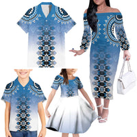New Zealand Family Matching Off The Shoulder Long Sleeve Dress and Hawaiian Shirt Poutama Mix Blue Taniko Inspired Art LT05 - Polynesian Pride