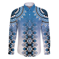 New Zealand Family Matching Off The Shoulder Long Sleeve Dress and Hawaiian Shirt Poutama Mix Blue Taniko Inspired Art LT05 Dad's Shirt - Long Sleeve Blue - Polynesian Pride