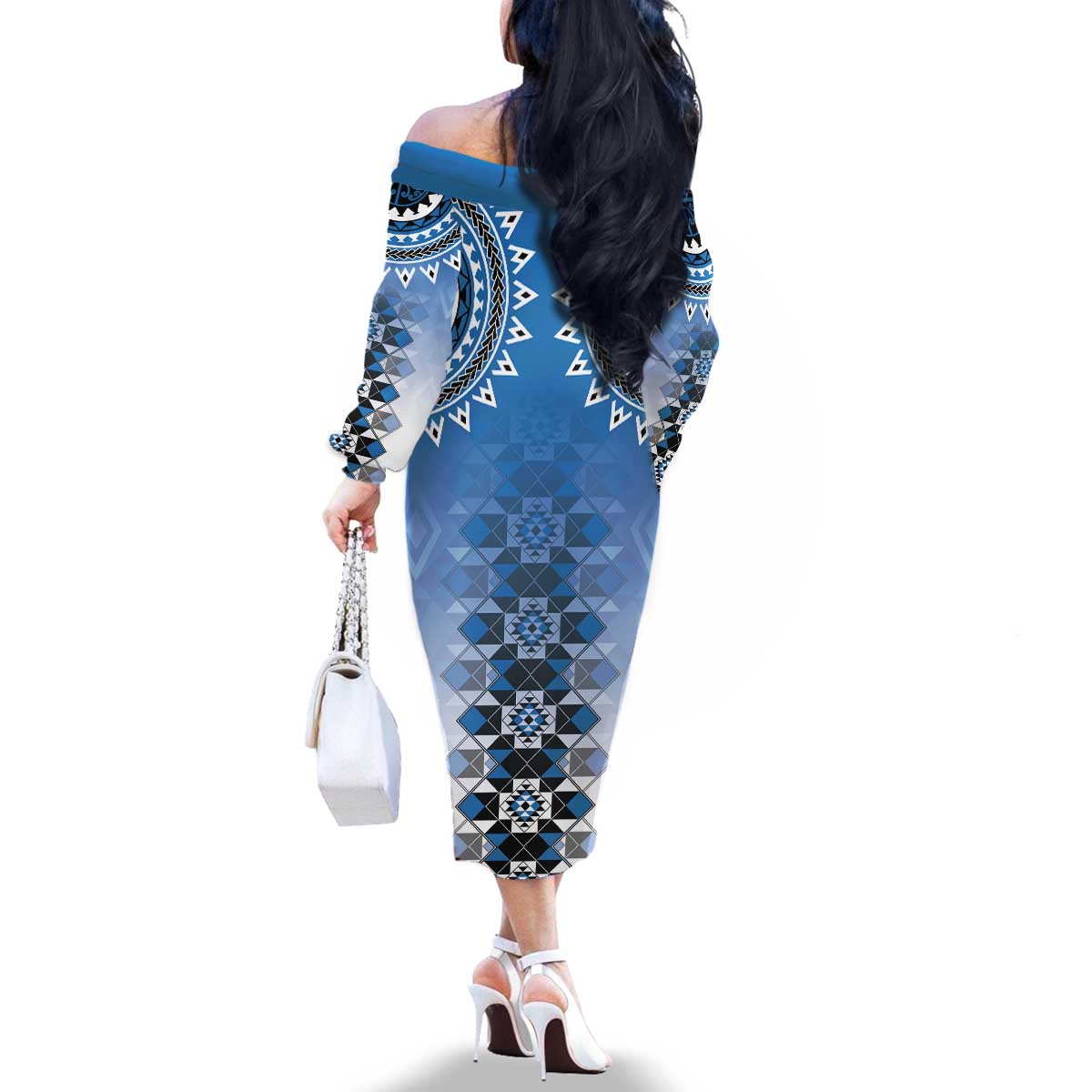 New Zealand Family Matching Off The Shoulder Long Sleeve Dress and Hawaiian Shirt Poutama Mix Blue Taniko Inspired Art LT05 - Polynesian Pride