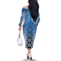New Zealand Family Matching Off The Shoulder Long Sleeve Dress and Hawaiian Shirt Poutama Mix Blue Taniko Inspired Art LT05 - Polynesian Pride