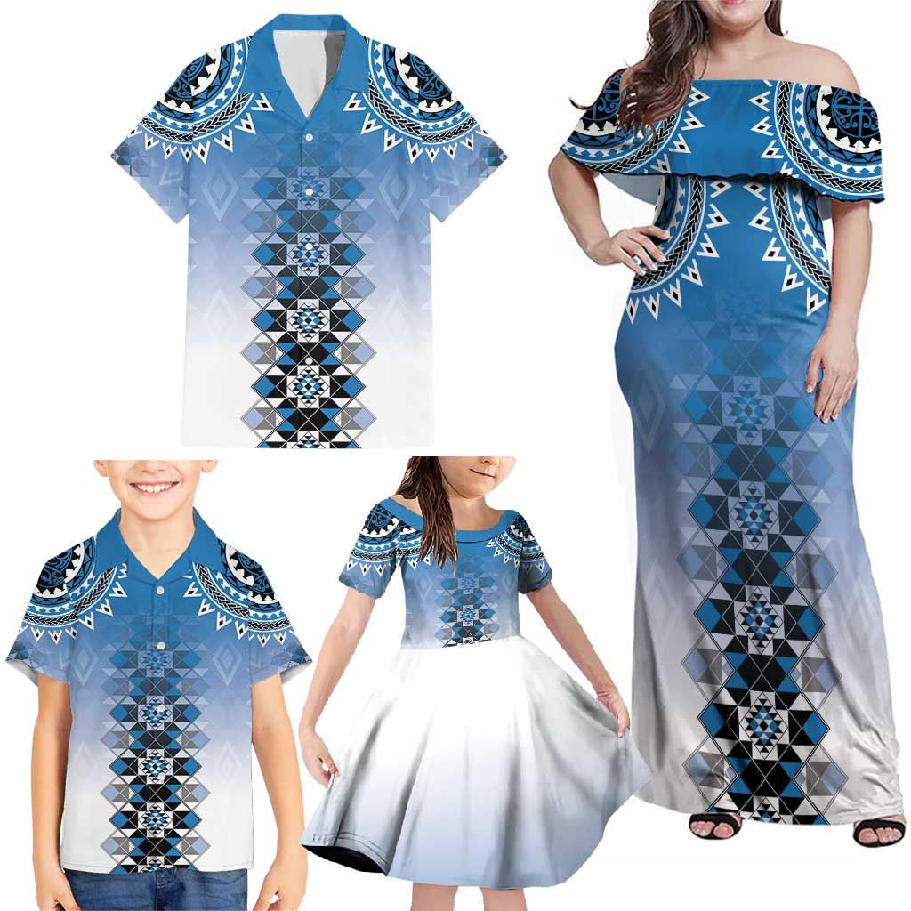 New Zealand Family Matching Off Shoulder Maxi Dress and Hawaiian Shirt Poutama Mix Blue Taniko Inspired Art LT05 - Polynesian Pride