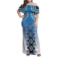 New Zealand Family Matching Off Shoulder Maxi Dress and Hawaiian Shirt Poutama Mix Blue Taniko Inspired Art LT05 Mom's Dress Blue - Polynesian Pride