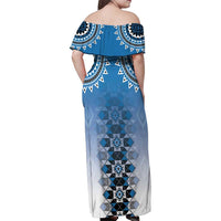 New Zealand Family Matching Off Shoulder Maxi Dress and Hawaiian Shirt Poutama Mix Blue Taniko Inspired Art LT05 - Polynesian Pride