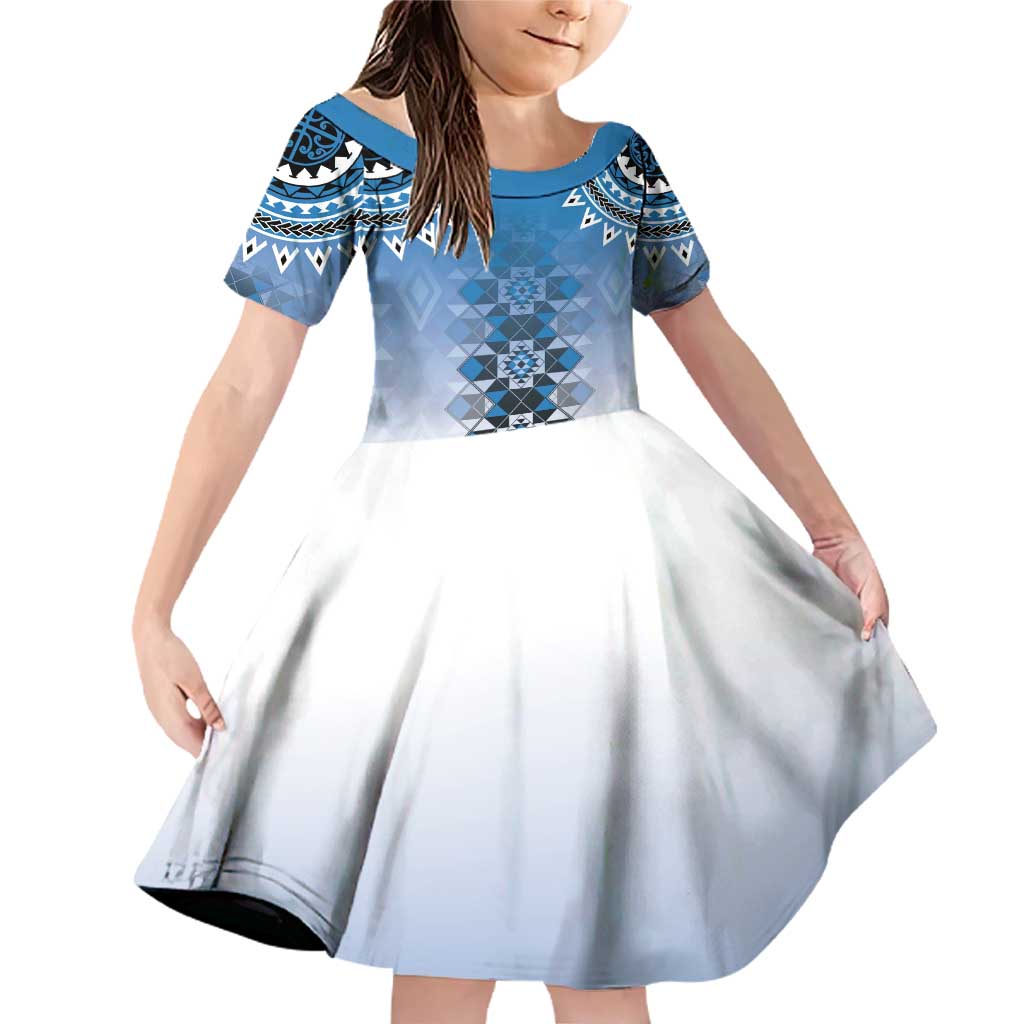 New Zealand Family Matching Off Shoulder Short Dress and Hawaiian Shirt Poutama Mix Blue Taniko Inspired Art LT05 Daughter's Dress Blue - Polynesian Pride