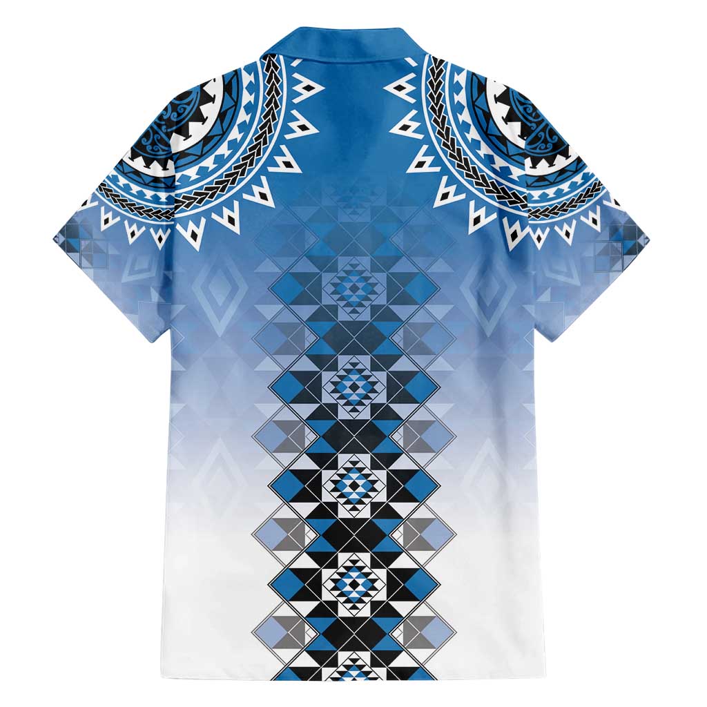 New Zealand Family Matching Off Shoulder Short Dress and Hawaiian Shirt Poutama Mix Blue Taniko Inspired Art LT05 - Polynesian Pride