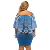 New Zealand Family Matching Off Shoulder Short Dress and Hawaiian Shirt Poutama Mix Blue Taniko Inspired Art LT05 - Polynesian Pride