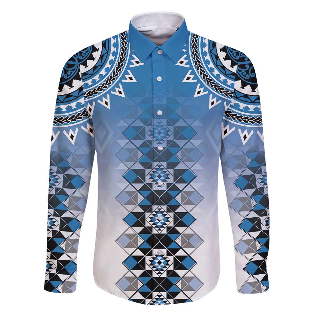 New Zealand Family Matching Puletasi and Hawaiian Shirt Poutama Mix Blue Taniko Inspired Art LT05 Dad's Shirt - Long Sleeve Blue - Polynesian Pride