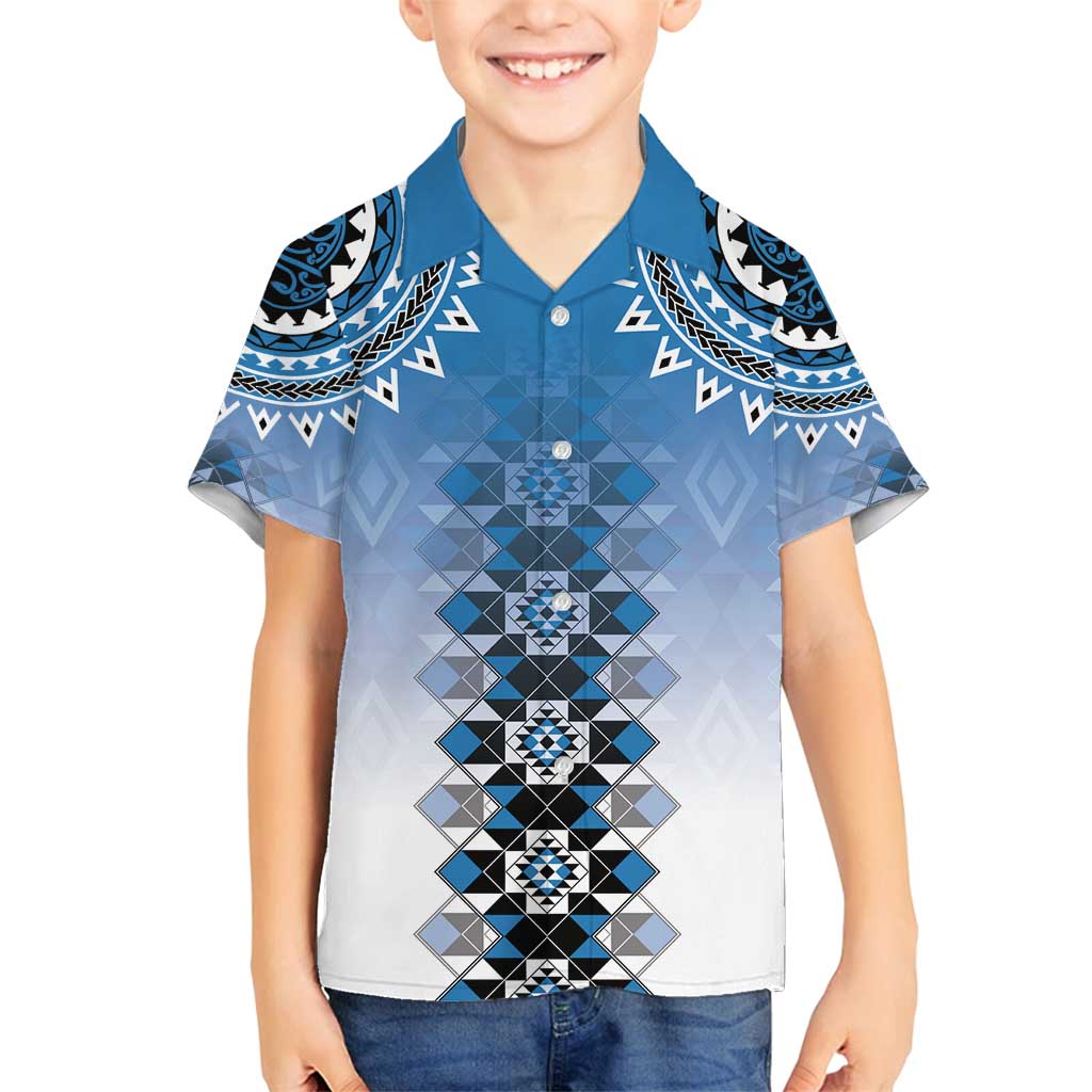 New Zealand Family Matching Puletasi and Hawaiian Shirt Poutama Mix Blue Taniko Inspired Art LT05 Son's Shirt Blue - Polynesian Pride