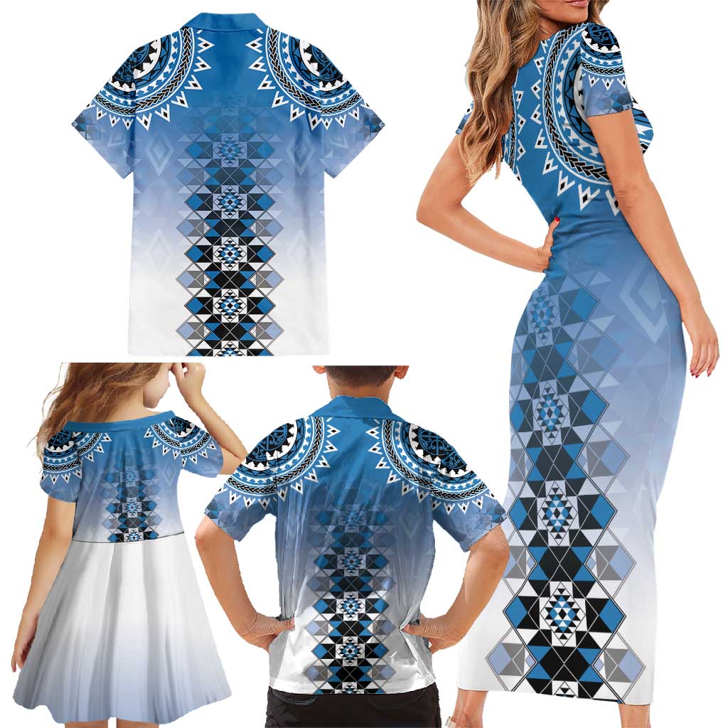 New Zealand Family Matching Short Sleeve Bodycon Dress and Hawaiian Shirt Poutama Mix Blue Taniko Inspired Art LT05 - Polynesian Pride