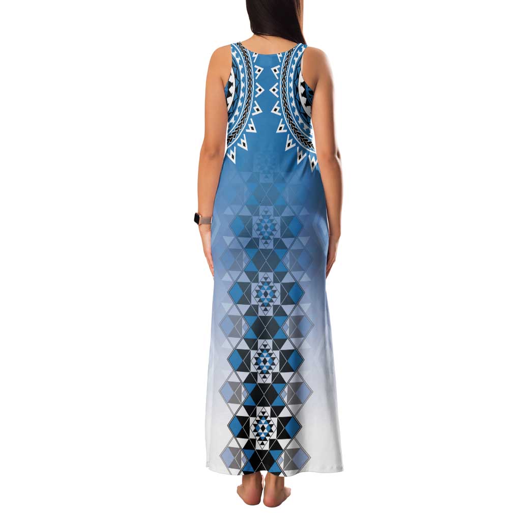New Zealand Family Matching Tank Maxi Dress and Hawaiian Shirt Poutama Mix Blue Taniko Inspired Art LT05 - Polynesian Pride