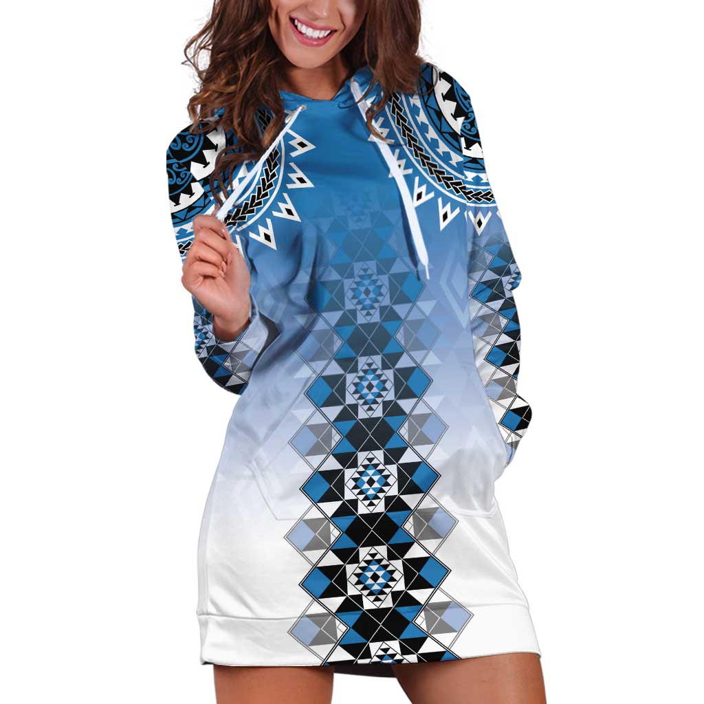 New Zealand Hoodie Dress Poutama Mix Blue Taniko Inspired Art LT05 Blue - Polynesian Pride
