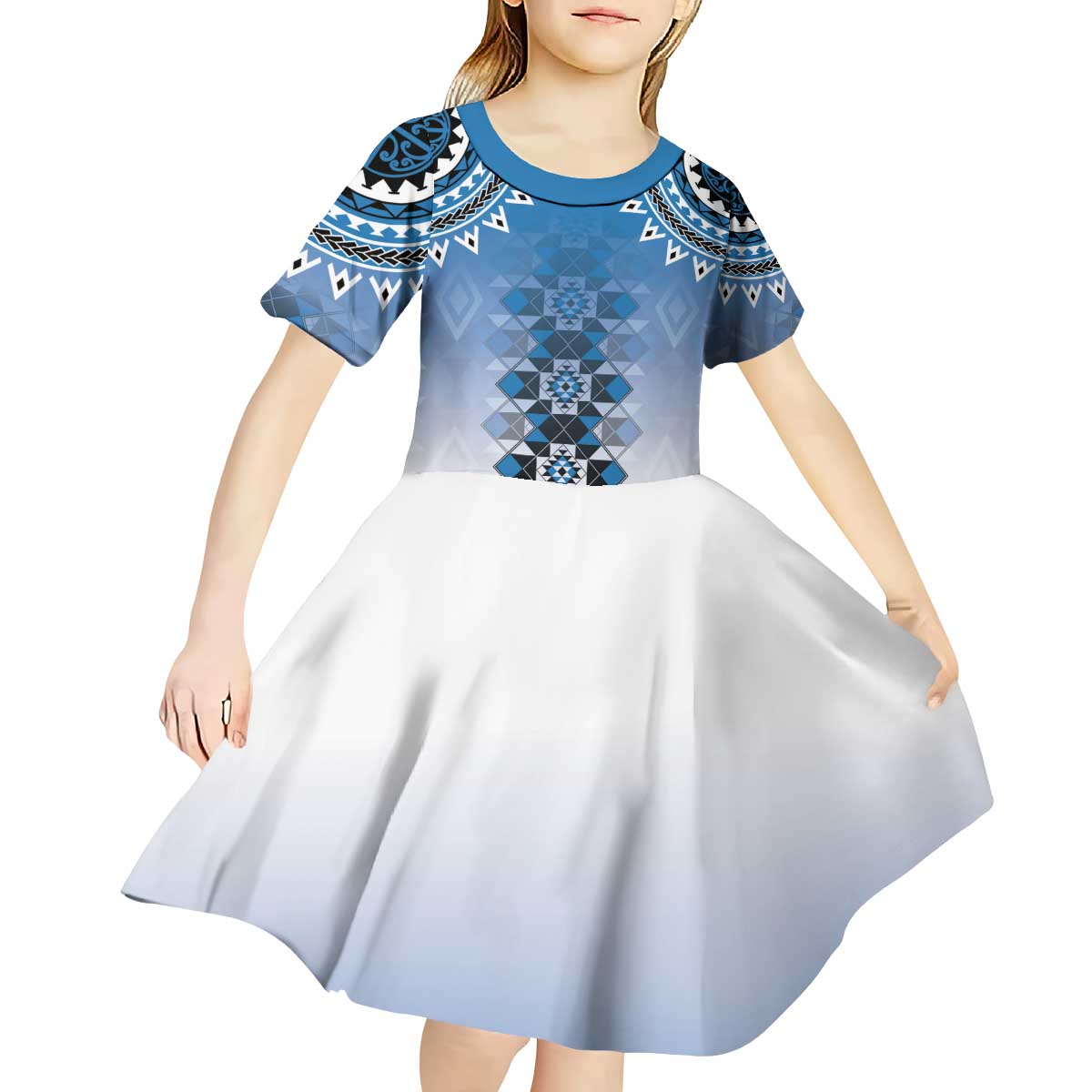 New Zealand Kid Short Sleeve Dress Poutama Mix Blue Taniko Inspired Art LT05 - Polynesian Pride